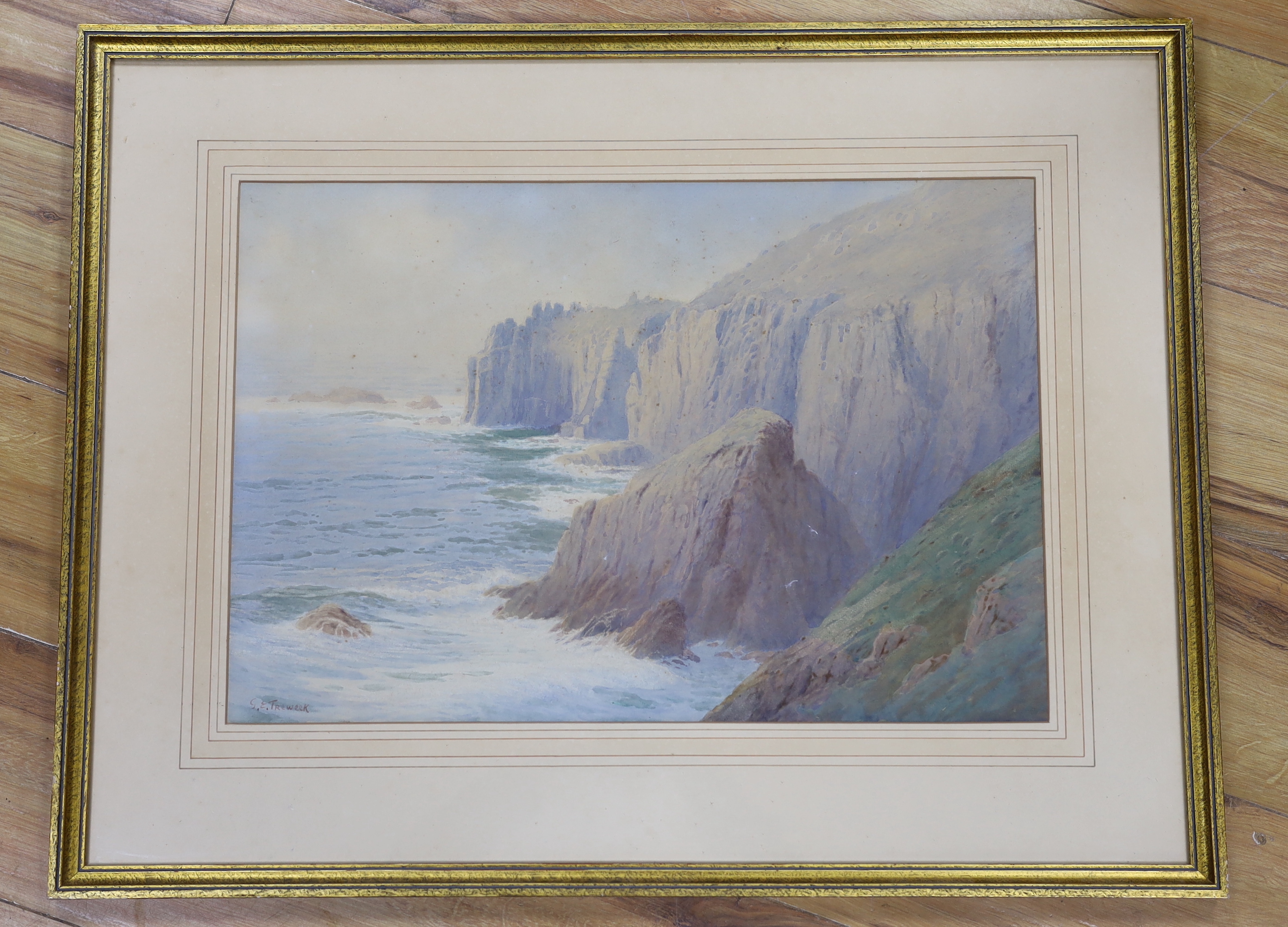 G. E. Treweek (b.1869-?) watercolour, Coastal landscape, The Lances, signed, 36 x 53cm